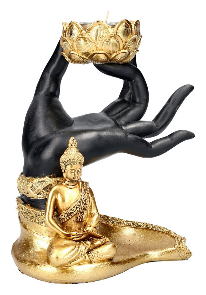 Figuren Shop GmbH Teelichthalter Teelichthalter - Buddha Figur mit Hand - Mythologie Kerzenhalter Deko von Figuren Shop GmbH