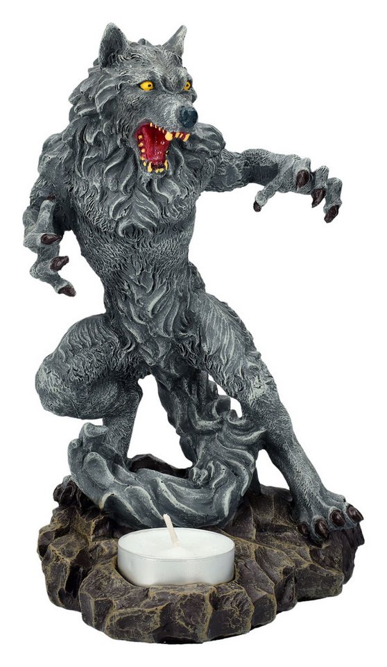 Figuren Shop GmbH Teelichthalter Werwolf Figur steht vor Teelicht - Dekofigur Fantasy Teelichthalter von Figuren Shop GmbH