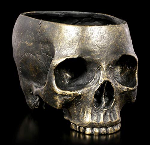 Figuren Shop GmbH Totenkopf Gothic Blumentopf - Antik-Optik | Fantasy-Blumenübertopf, handbemalt, Öffnung 9 x 13 cm von Figuren Shop GmbH