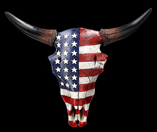 Figuren Shop GmbH Wanddeko Totenkopf Rind US Flagge 31 cm groß - Relief mit Hörnern | Trophäe Kopf Rind Longhorn Bulle Büffel Schädel Indianer Cowboy USA Deko Fahne Amerika von Figuren Shop GmbH