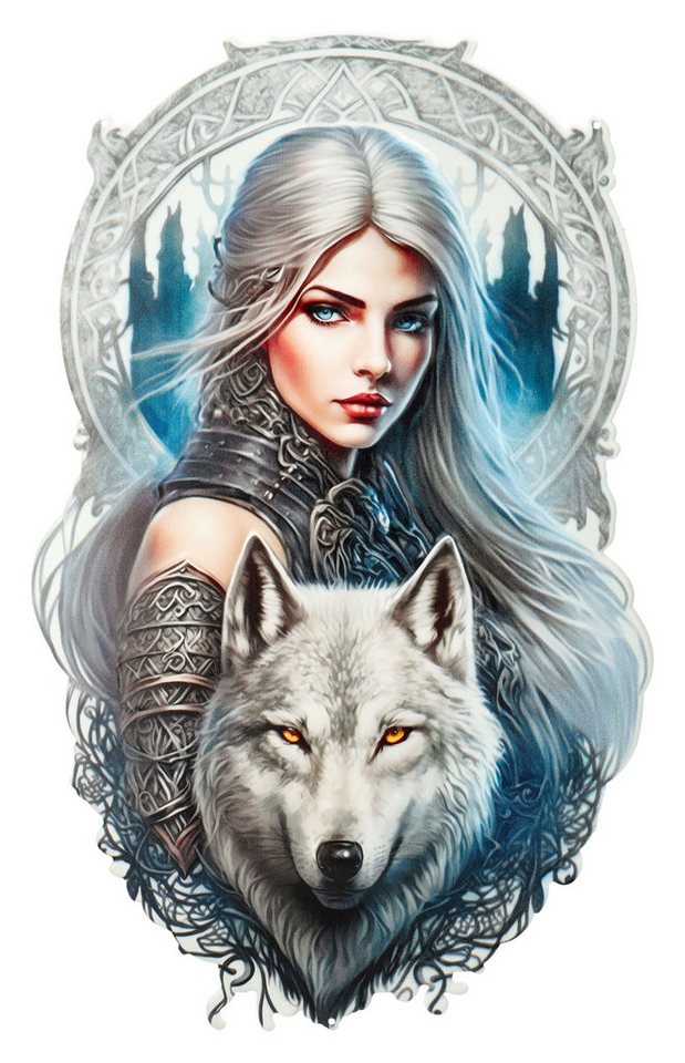 Figuren Shop GmbH Wanddekoobjekt Blechschild - Düstere Kiegerin mit Wolf - Fantasy Tierdeko Dekoschild von Figuren Shop GmbH