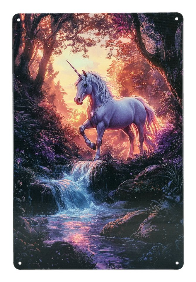 Figuren Shop GmbH Wanddekoobjekt Einhorn Blechschild – Fantasy Wanddeko Zauberwald Schild 30x20 cm von Figuren Shop GmbH