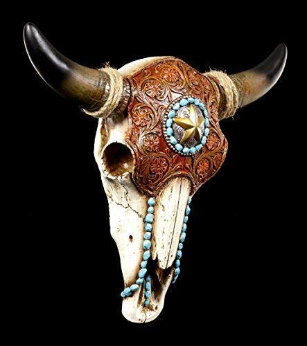 Figuren Shop GmbH Wandrelief - Rinderschädel mit Indianerschmuck 33 cm | Western Indianer Cowboy Sheriff Trophäe Kopf Rind Longhorn Hörner Bulle von Figuren Shop GmbH