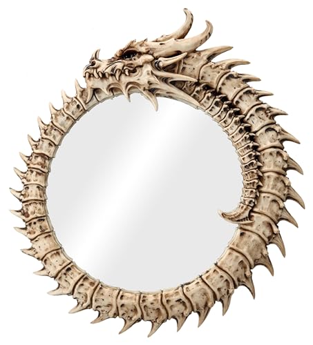 Figuren Shop GmbH Wandspiegel Drachen-Skelett Ouroboros 42 cm rund, Totenkopf Spiegel zum Hängen, Knochen, Gothic, Fantasy, Schlange von Figuren Shop GmbH