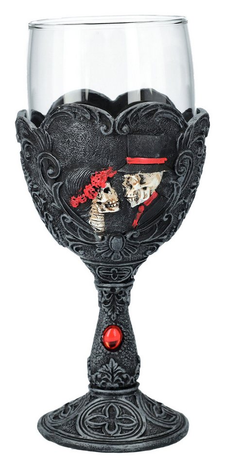 Figuren Shop GmbH Weinglas Glas Kelch Skelette - Love Never Dies - Gothic Deko Weinglas Weinkelch, Kunststein (Polyresin), Glas, mit Schmucksteinen verziert von Figuren Shop GmbH