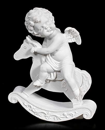 Figuren Shop GmbH Weiße Cherub Fantasy-Figur auf Schaukelpferd | Elfe, Fee, Skulptur, Statue, Schutz-Engel, H 16,5 cm von Figuren Shop GmbH