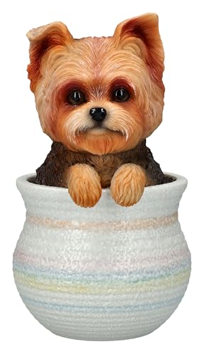 Figuren Shop GmbH Yorkshire Terrier Dekofigur im Blumentopf – Polyresin Hunde-Statue, 17 cm, handbemalt & lustiges Design von Figuren Shop GmbH