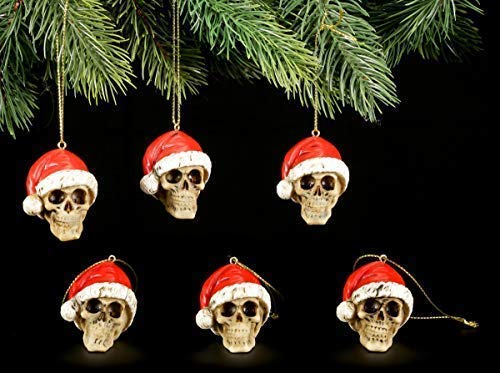 Gothic Christbaumkugeln - 6er Set Totenköpfe mit Weihnachtsmütze | Dekoartikel zum Hängen, handbemalt von Figuren Shop GmbH