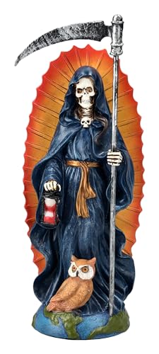 Santa Muerte Figur mit Sense und Heiligenschein 18 cm blau | Grim Reaper Sensenmann Sanduhr Eule von Figuren Shop GmbH