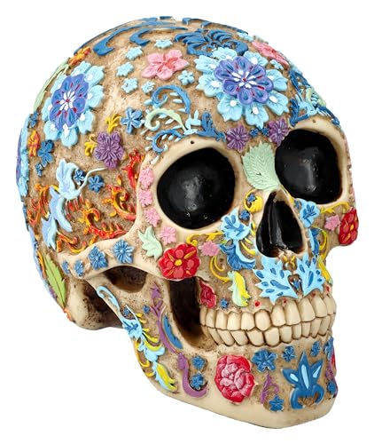 Totenkopf Figur mit Blumenmuster - 16 cm Höhe, Knochenfarben, Tag der Toten Stil, Summit Collection, Bunte Blumen, Sugar Skull von Figuren Shop GmbH