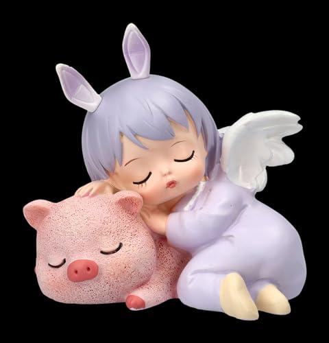 Zauberhafte Deko-Figur: Schlafendes Engelchen und Schweinchen, 7 cm, Lila, Perfekt für Sammler, Figur Engel von Figuren Shop GmbH