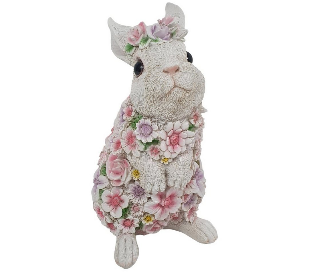 Figurendiscounter Gartenfigur Dekofigur Hase mit Blumen 25 x 13 x 16 cm weiß von Figurendiscounter