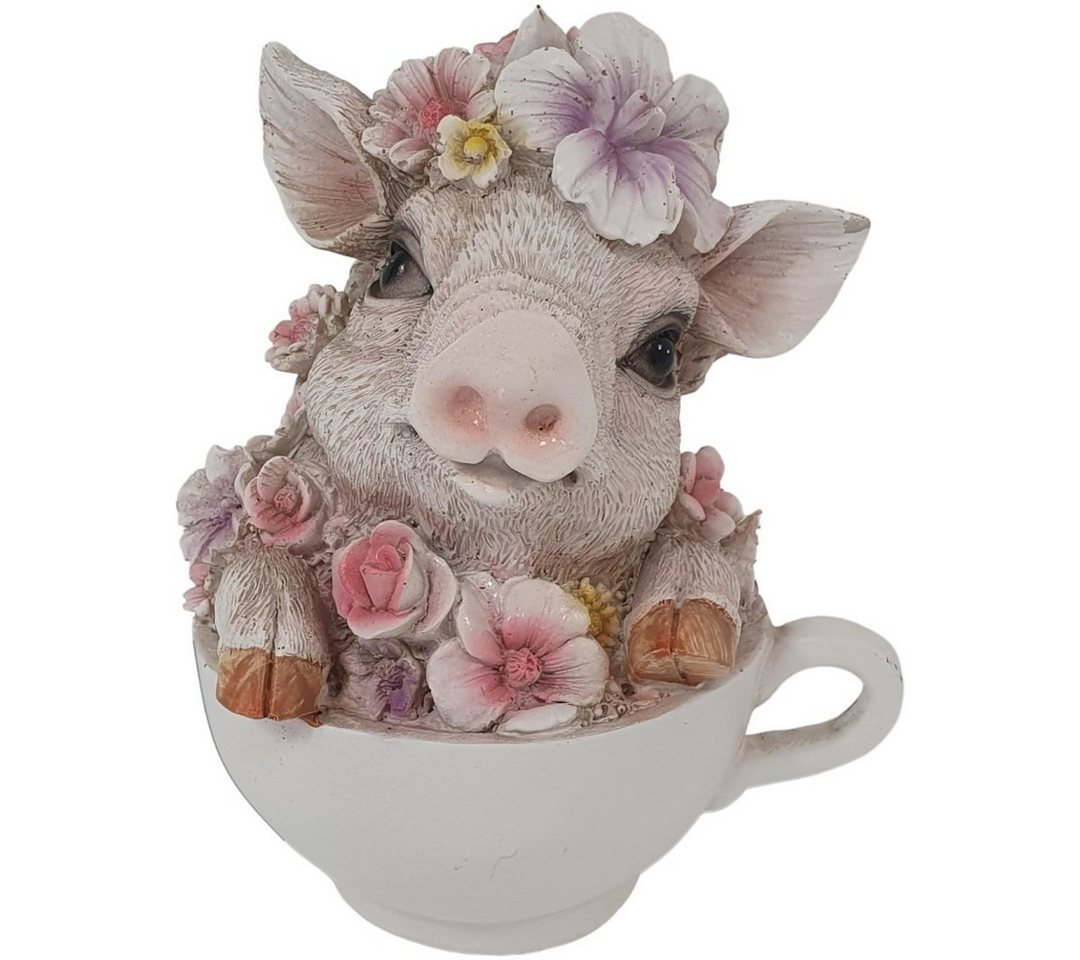 Figurendiscounter Gartenfigur Dekofigur Schwein mit Blumen in Tasse 15 x 12,5 x von Figurendiscounter