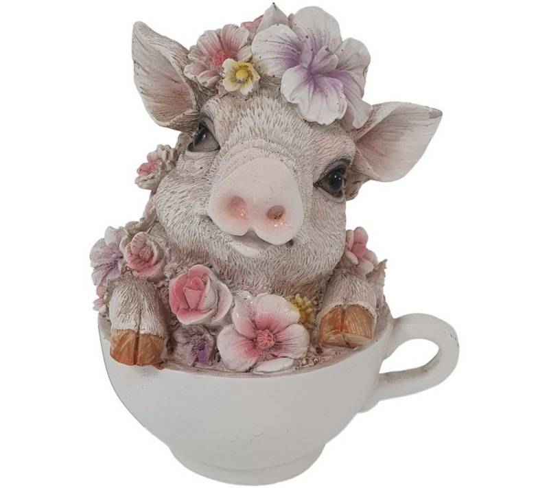 Figurendiscounter Gartenfigur Dekofigur Schwein mit Blumen in Tasse 15 x 12,5 x von Figurendiscounter