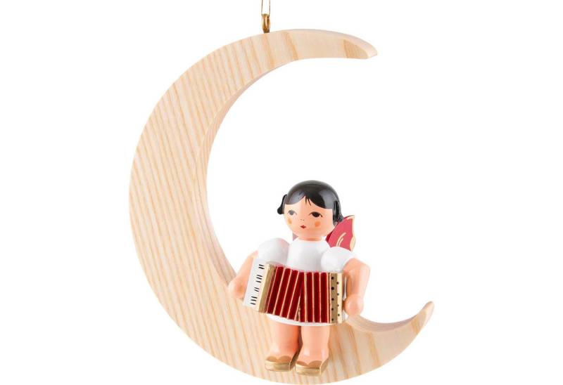 Figurenland Uhlig GmbH Dekohänger Engel mit Akkordeon - Rote Flügel - sitzend im Mond natur (16,5cm) von von Figurenland Uhlig GmbH