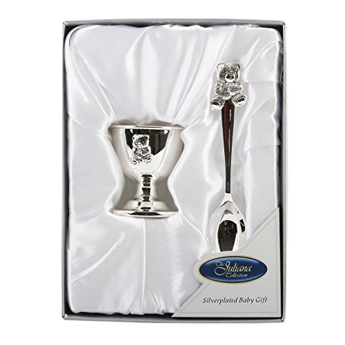 Figurines-Gifts UK Versilberter Teddylöffel und Eierbecher – Geschenk zur Geburt oder Taufe für Jungen oder Mädchen von Figurines-Gifts UK