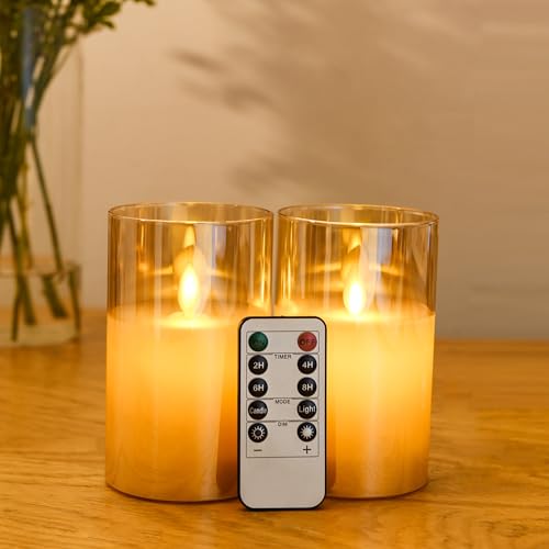 FiiMoo 2 Stück LED Kerzen, Batteriekerzen, Batteriebetriebenes Kerzen, Halloween Kerzen, Gold Glas Flammenlose Kerzen, LED Kerzen mit Fernbedienung, Festliche Kerzen, Flackernde Flamme Kerzen-10cm von FiiMoo