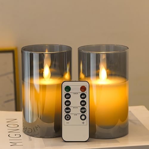 FiiMoo 2 Stück LED Kerzen, Batteriekerzen, Batteriebetriebenes Kerzen, Halloween Kerzen, Grau Glas Flammenlose Kerzen, LED Kerzen mit Fernbedienung, Festliche Kerzen, Flackernde Flamme Kerzen-15cm von FiiMoo