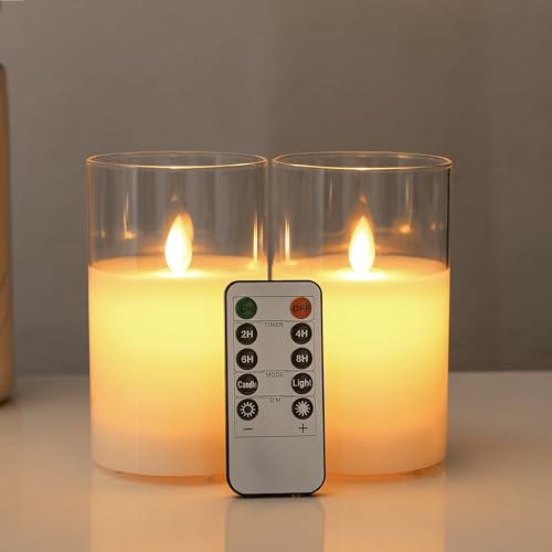 FiiMoo 2 Stück LED Kerzen, Batteriekerzen, Batteriebetriebenes Kerzen, Halloween Kerzen, Weiß Glas Flammenlose Kerzen, LED Kerzen mit Fernbedienung, Festliche Kerzen, Flackernde Flamme Kerzen-12.5cm von FiiMoo