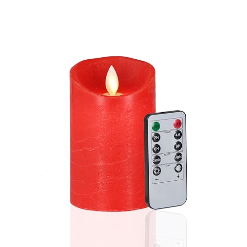 FiiMoo Batteriebetriebene LED Kerze - Rot, Grabkerze, Flammenlos, Echtwachs, Flackernde Elektrische Kerze Mit Fernbedienung Und Timer - Halloween Weihnachtsdekoration - 12.5cm von FiiMoo
