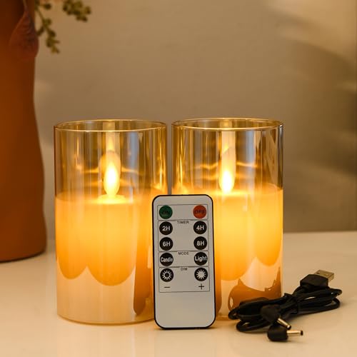 FiiMoo Wiederaufladbare LED Kerzen, 2 Stück, USB Aufladbar Mit Kabel, Gold Glas Flammenlos, Batteriekerzen Mit Timer, Flackernde Flamme - 12.5cm von FiiMoo