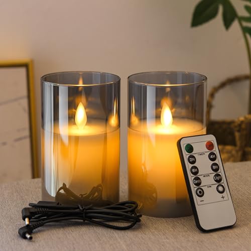 FiiMoo Wiederaufladbar LED Kerzen, 2 Stück, USB Aufladbar Kerzen, Aufladbare LED Kerzen mit USB Kabel, Grau Glas Flammenlose Kerzen, Batteriekerzen mit Timer, Flackernde Flamme LED Kerzen-12.5cm von FiiMoo