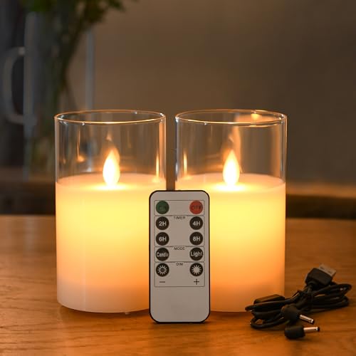 FiiMoo Wiederaufladbar LED Kerzen, 2 Stück, USB Aufladbar Kerzen, Aufladbare LED Kerzen mit USB Kabel, Weiß Glas Flammenlose Kerzen, Batteriekerzen mit Timer, Flackernde Flamme LED Kerzen-12.5cm von FiiMoo