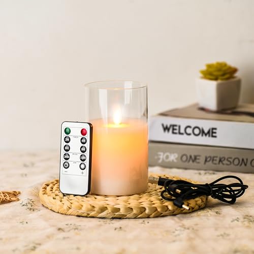 FiiMoo Wiederaufladbar LED Kerzen, Aufladbare Kerzen, Batteriebetriebene Kerzen, Flammenlose Kerzen mit Fernbedienung, Elektrische Echtwachskerzen im Glas, Festliche Flammenlose Kerzen, Weiß-15cm von FiiMoo