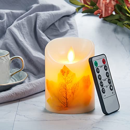 LED Kerzen, Ahornblatt LED Echtwachs Kerzen, 10cm Batteriebetriebenes Kerzen, Flammenloses Echtwachs Kerzen mit 10 Tasten Fernbedienung&24 Stunden Timer Funktion Tanzende Flamme Kerzen-Elfenbeinfarbe von FiiMoo