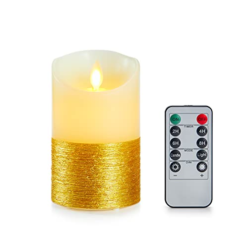 LED Kerzen, LED Kerzen in Gold mit Timer Funktion, LED Echtwachs Kerzen mit Goldener Faden, 15cm Batteriebetriebenes Kerzen, Halloween Kerzen, Kerzen mitFernbedienung&Timer Funktion Tanzende Flamme von FiiMoo