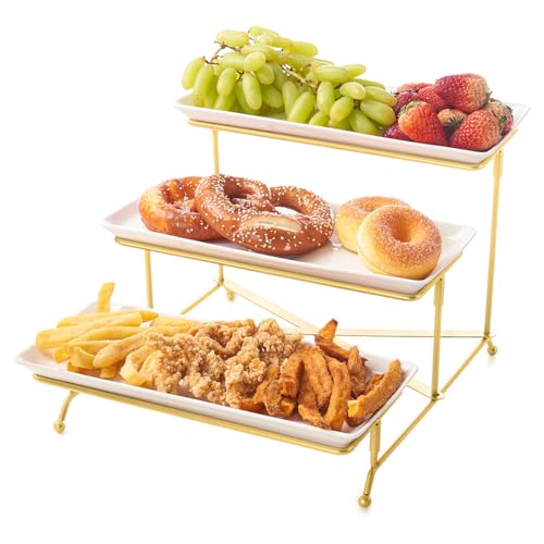 Fiita 3-stufiges Serviertablett für Partyzubehör 35x29cm Wiederverwendbare Tabletts mit Servierplatte zum Anrichten von Speisen Golden robustem Klappständer Obstschale für Gemüse Obst Kekse Desse von Fiita