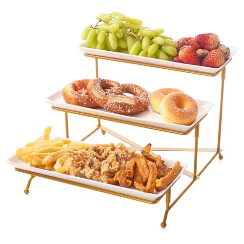 Fiita 3-stufiges Serviertablett für Partyzubehör 48.5x36cm Wiederverwendbare Tabletts mit Servierplatte zum Anrichten von Speisen Golden robustem Klappständer Obstschale für Gemüse Obst Kekse Desse von Fiita