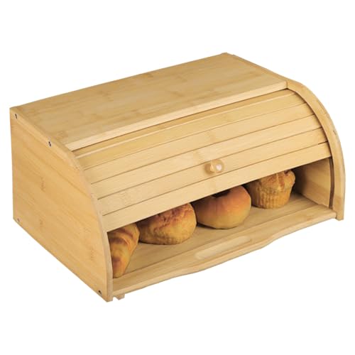 Fiita Bambus Brotkasten Platzsparende rustikale mit Rolldeckel praktischer Brotkasten für Arbeitsplatte speichern Brot Kuchen und Backwaren 40 x 27 x 17.3cm (Schiebetür) von Fiita