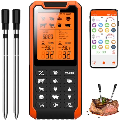 Fileeyn Smarte Fleischthermometer Kabelloses Bluetooth mit 2 Sonden, LCD Display, 500FT Bluetooth Reichweite, 550°C Heat Resistance, APP Steuerung, Grillthermometer für BBQ, Grill, Smoker, Ofen Fileeyn Smarte Fleischthermometer Kabelloses Bluetooth mit 2 Sonden, LCD Display, 500FT Bluetooth Reichweite, 550°C Heat Resistance, APP Steuerung, Grillthermometer für BBQ, Grill, Smoker, Ofen von Fileeyn