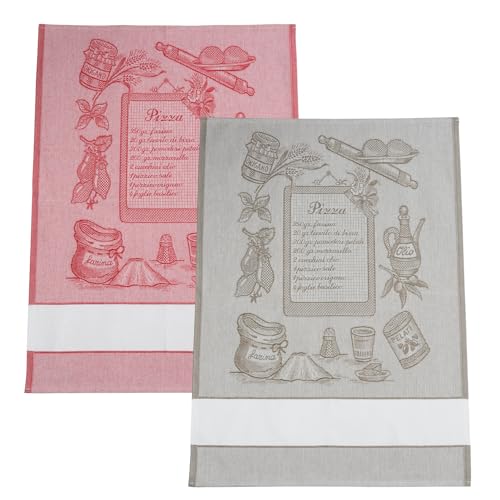 Filet - Set mit 2 Geschirrtüchern aus Jacquard mit Einsatz aus Aida-Stoff, 55 Löcher zum Besticken, ideal zum Trocknen von Geschirr, hergestellt in Italien, Pizza-Design, Farbe Rot und Seil von Filet