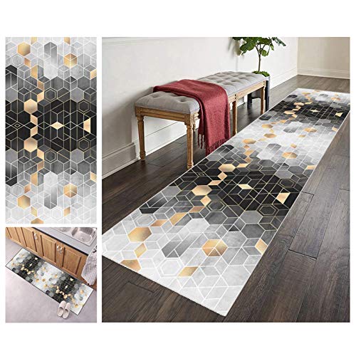 Filjr Teppich Läufer Flur Küche Grau und Schwarz rutschfest Waschbar 100X350CM Meterware Geometrische Muster, Teppichläufer Kücheläufer Polyester Anpassbar von Filjr
