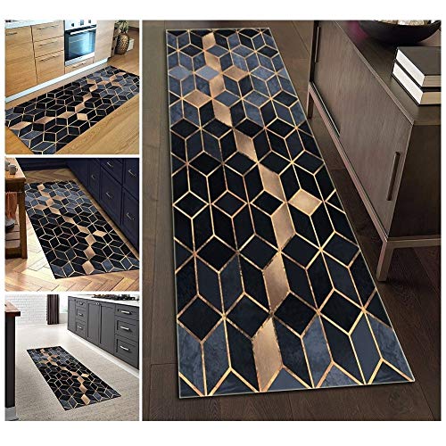 Filjr Teppich Läufer Flur Küche rutschfest Waschbar Blau und Schwarz 70X120cm Lange Vintage Kücheläufer Teppichläufer Polyester Meterware Anpassbar von Filjr