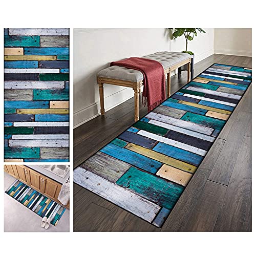 Filjr ZVEZVI Teppich Läufer Flur Küche rutschfest Waschbar Blau Holzbrettmuster 40x80cm Modern Vintage Kücheläufer Teppichläufer Polyester Meterware Anpassbar von Filjr