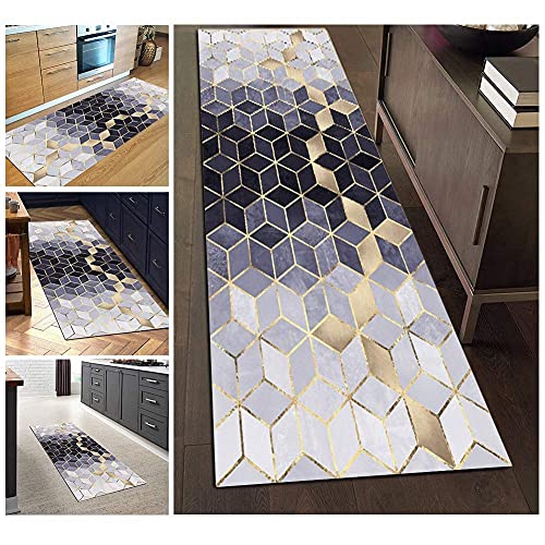 Filjr ZVEZVI Teppich Läufer Flur Küche rutschfest Waschbar Blau und Grau Geometrische Muster 50x250cm Bunter Modern rutschfest Waschbar Vintage Kücheläufer Teppichläufer Polyester Meterware Anpassbar von Filjr