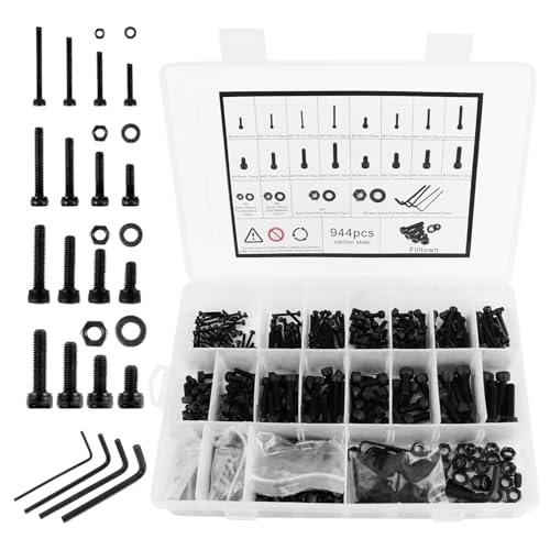 Filltown 944 Stück Schrauben Set, Schrauben Muttern Set, Schwarz Innensechskantschrauben Muttern Set und Unterlegscheiben Set M2 M3 M4 M5 mit Aufbewahrungsbox und 4 Schraubenschlüssel von Filltown