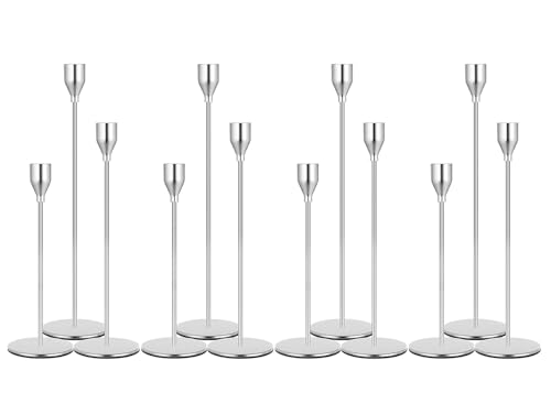 Filltown Kerzenhalter, 12 Stück, silberfarbene Kerzenhalter, Kerzenhalter-Set für Tischdekoration, Vintage, moderne Kerzenhalter für Zuhause, Hochzeitsdekoration von Filltown