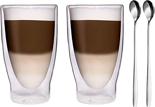 Filosa® Latte Macchiato Gläser doppelwandig (2x 370ml) + 2x Löffel, Espresso Gläser, Teegläser, Cappuccino Gläser, Thermogläser doppelwandig Latte Gläser, Doppelwandige Gläser Latte Macchiato von Filosa