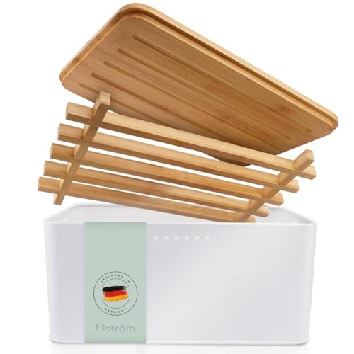 Filström® Brotkasten Metall weiß modern | Brotbox Küche inkl. Bambusgitter | Brotkasten mit Schneidebrett | ideale Rundum-Belüftung | Brotaufbewahrung | 33x21x15cm von Filström