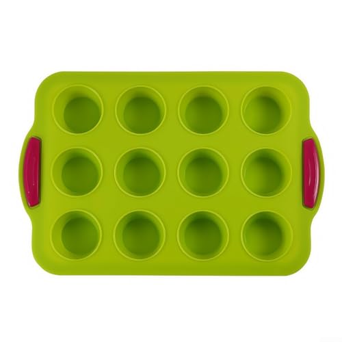 Antihaft-Silikon-Muffinblech mit 12 Löchern und Griff, geeignet zum Backen von Muffins, Cupcakes, Eierstichen, Torten und Keksen, einfache Reinigung und Herausgabe von Lebensmitteln (grün) von Filteilect