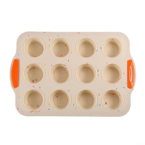 Antihaft-Silikon-Muffinblech mit 12 Löchern und Griff, geeignet zum Backen von Muffins, Cupcakes, Eierstichen, Torten und Keksen, einfache Reinigung und Lebensmittelfreigabe (Beige) von Filteilect
