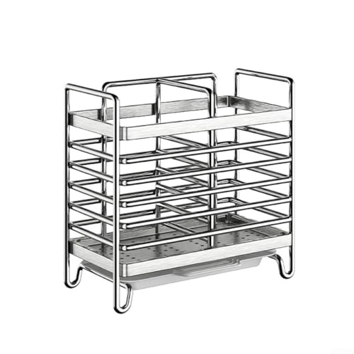 Edelstahl-Utensilienhalter mit Abtropfschale, Wandmontage oder Arbeitsplatte, Abtropfgestell für Gabeln, Löffel und Essstäbchen, Küchenaufbewahrung (2 Fächer) von Filteilect
