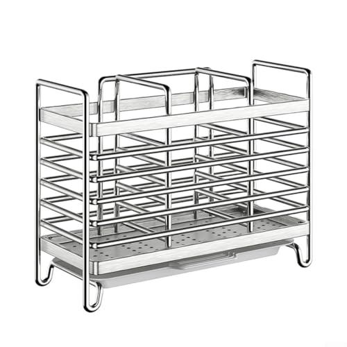 Edelstahl-Utensilienhalter mit Abtropfschale, Wandmontage oder Arbeitsplatte, Abtropfgestell für Gabeln, Löffel und Essstäbchen, Küchenaufbewahrung Organizer (3 Fächer) von Filteilect