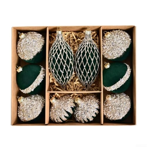 Filteilect 10 Stück 8 cm beflockte Weihnachtskugel-Ornament-Set mit Metallringen für Baumschmuck für Feiertage, saisonale Dekoration (dunkelgrün) von Filteilect