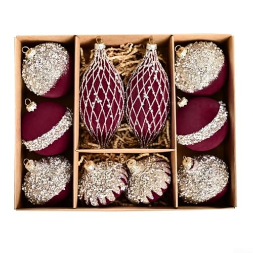 Filteilect 10 Stück 8 cm beflockte Weihnachtskugel-Ornament-Set mit Metallringen für Baumschmuck für Feiertage, saisonale Dekoration (weinrot) von Filteilect