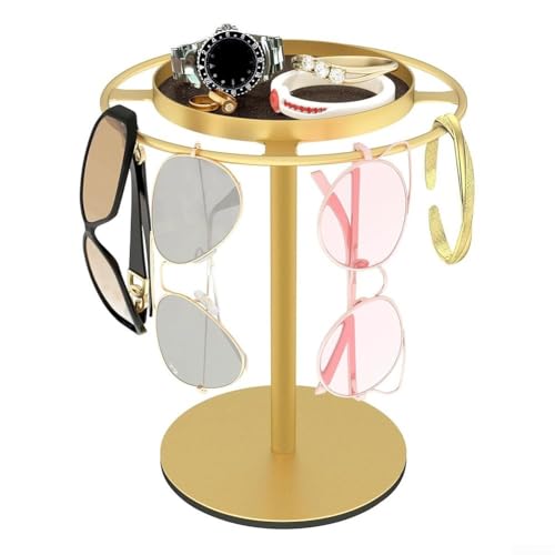Filteilect 360° drehbarer Sonnenbrillen-Organizer aus Metall, mit abnehmbarem Schmucktablett, platzsparender Ständer für Brillen, Uhren, Ringe und Armbänder (Gold) von Filteilect
